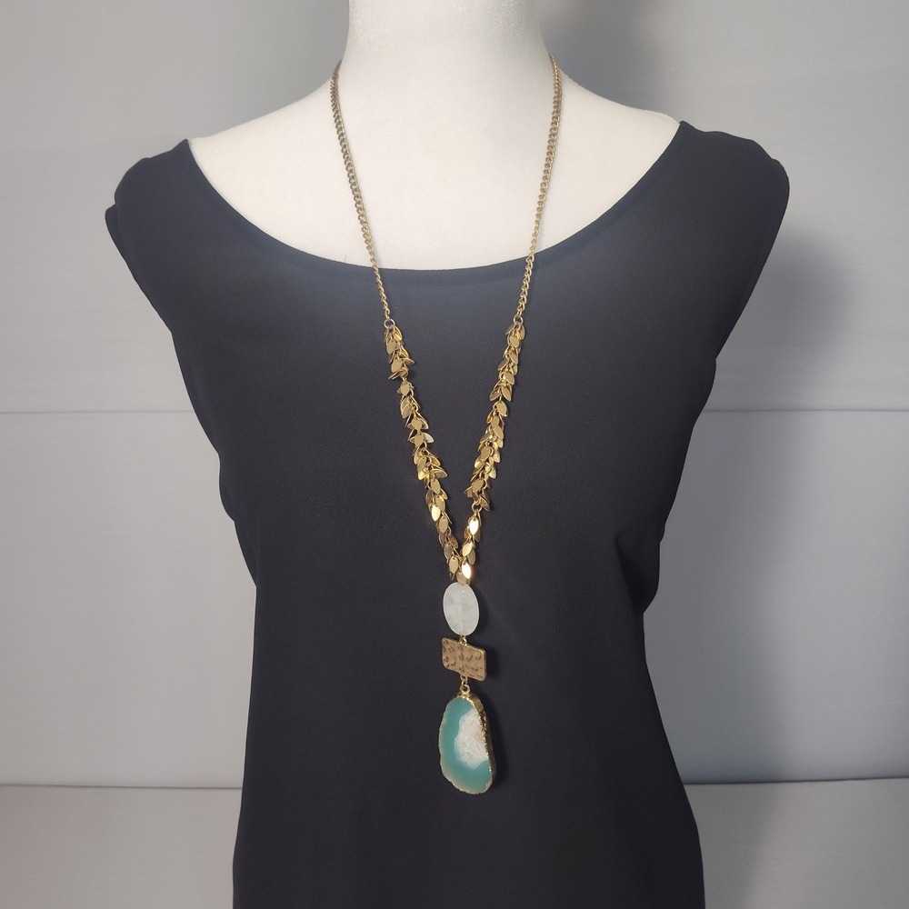 Boho Gold Tone Long Pendant Necklace Teal Faux Agate Druzy Leaf Fringe 20 Inch